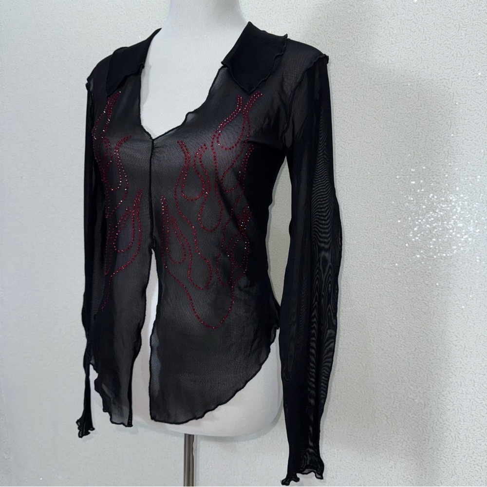 Urban Outfitters Sheer Mesh Rhinestone Flame Top L Y2K Goth Fairy Grunge - Picture 8 of 16
